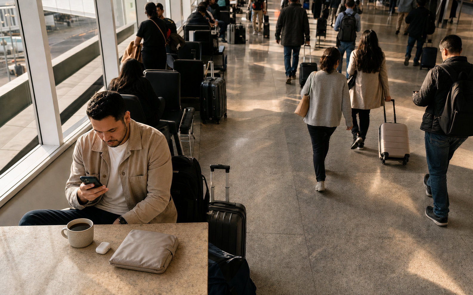 A traveler using Crimson for Bible study in a busy airport