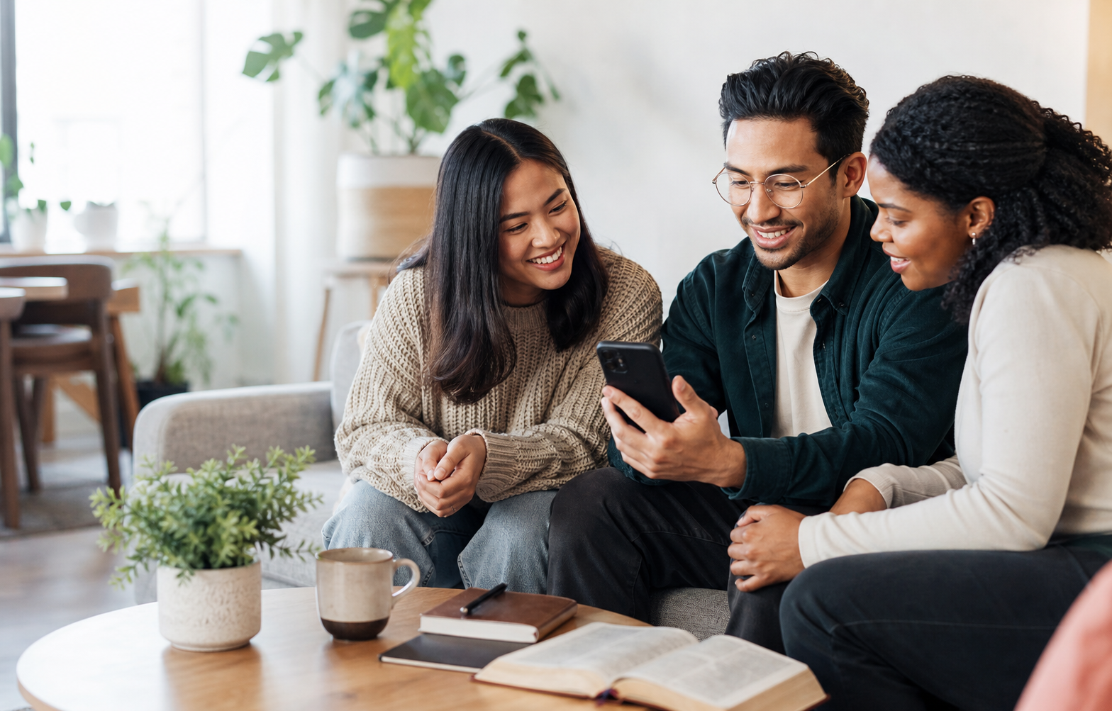 Friends discussing a Crimson Bible study together