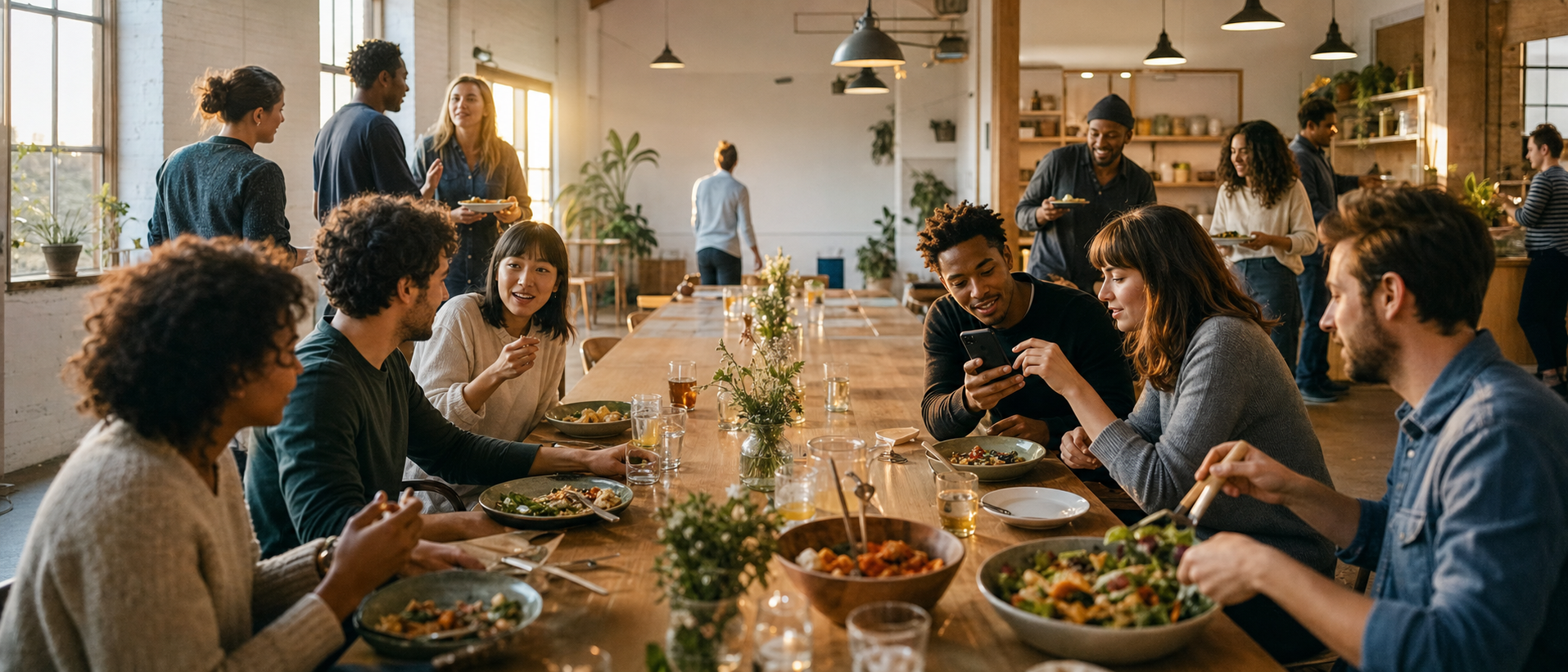 A community gathered around a table for conversation and shared study