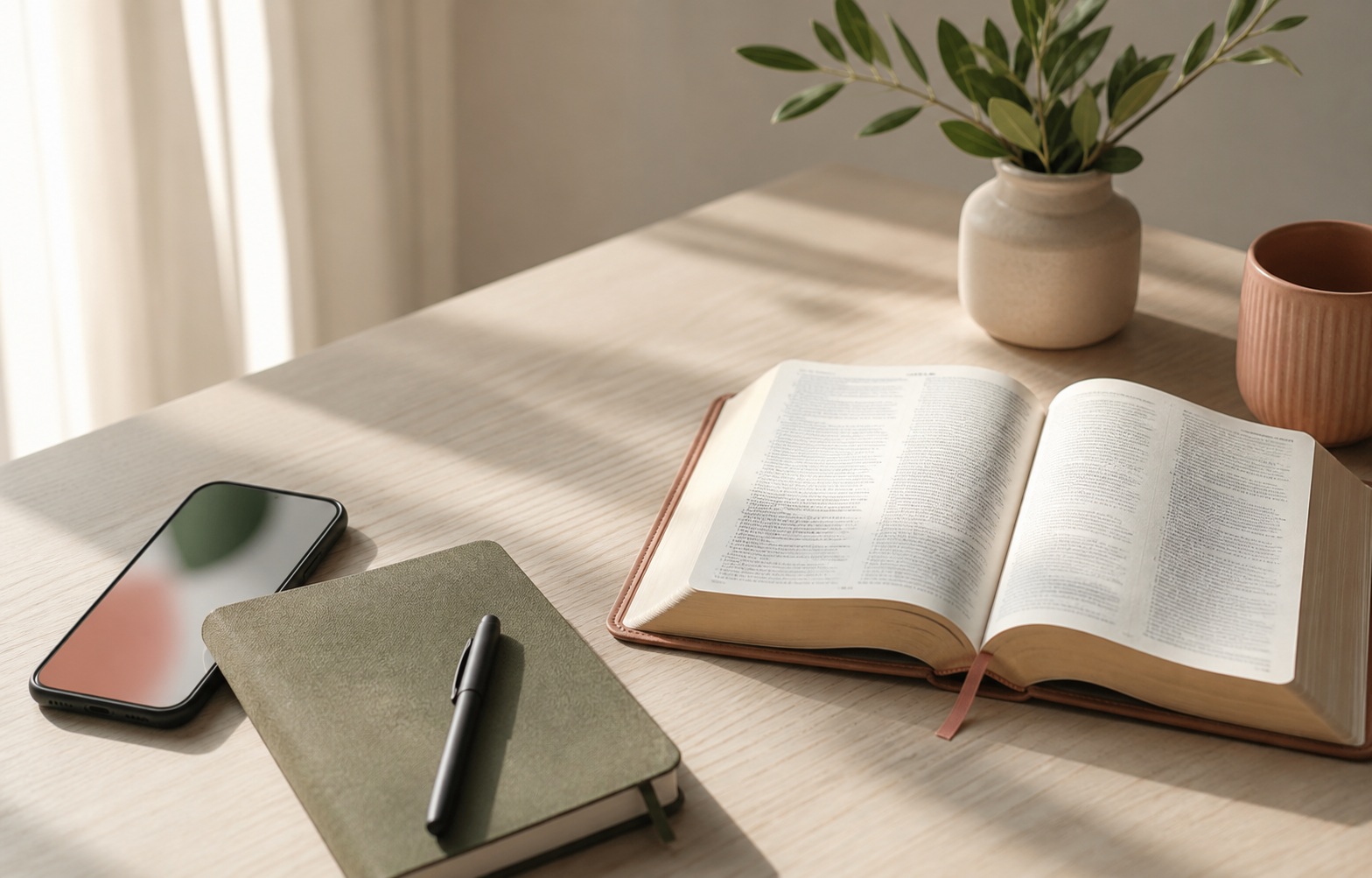 A Bible and notebook prepared for a guided Crimson Journey